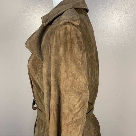 Talbots Brown Soft Suede Belted Trench Coat Snap Buttons Double Breasted - Picture 14 of 15